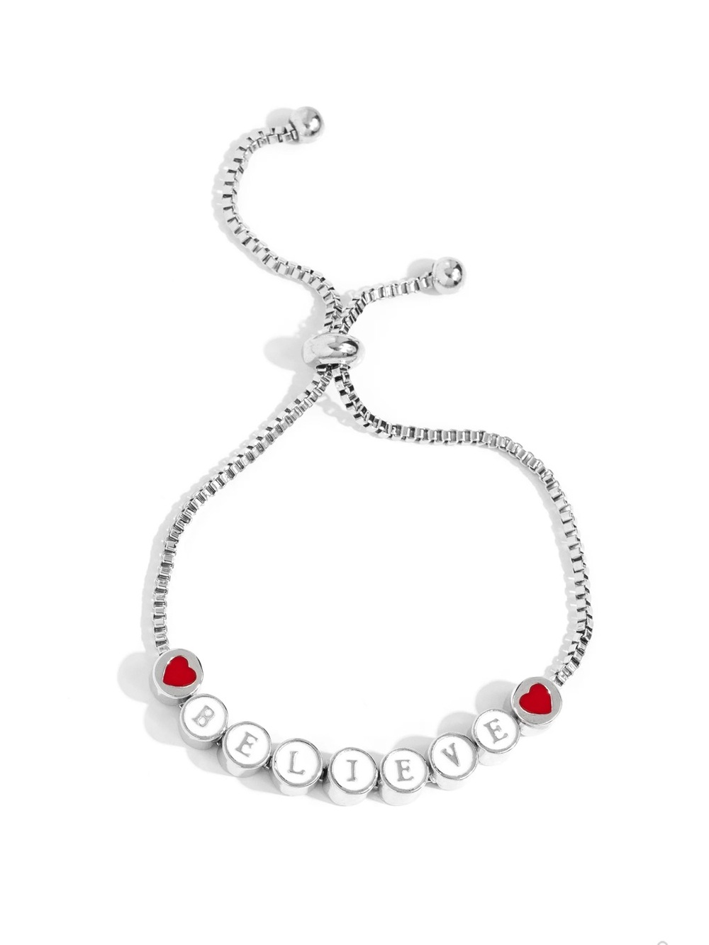 paparazzi Silver BELIEVE Slider Bracelet with Red Heart Accents